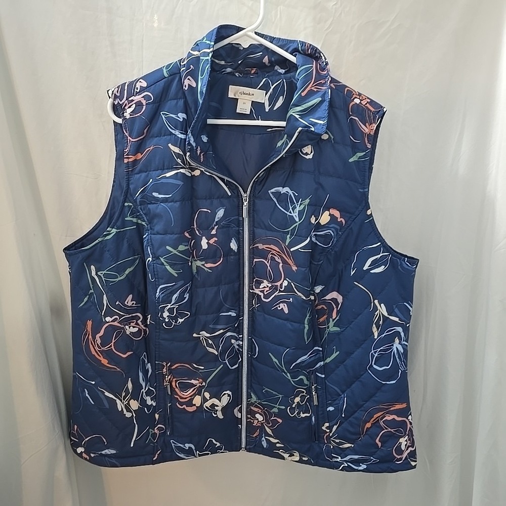 CJ Banks Quilted Puffer Vest – Women's‎ 2X – Navy Floral Print Zipped Pockets